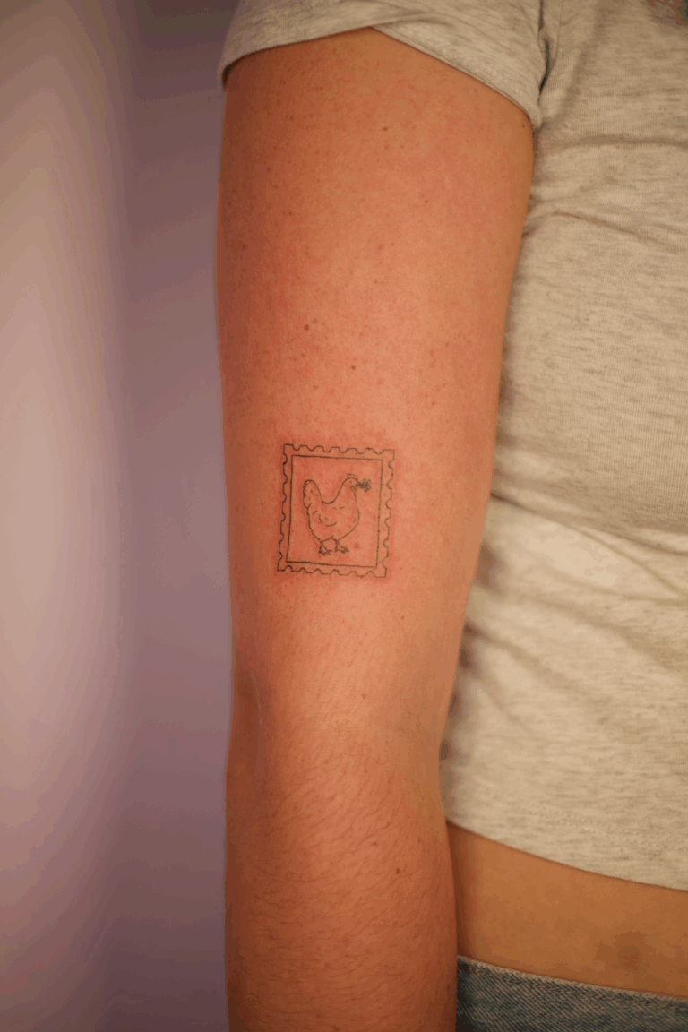 Postage Stamp Chicken Tattoo