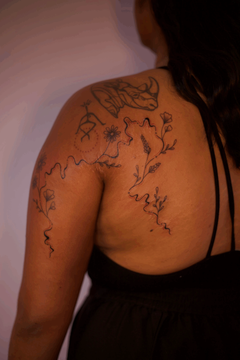 Swirly Wildflower Shoulder Tattoo