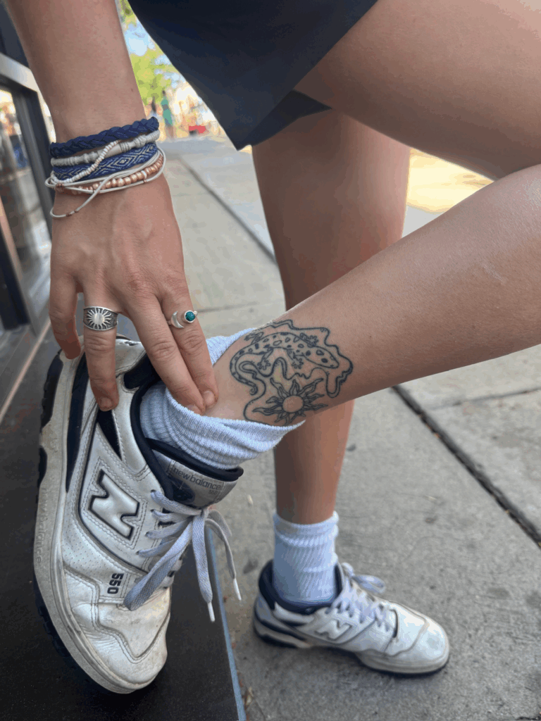 Healed Lizard and Sun Ankle Tattoo