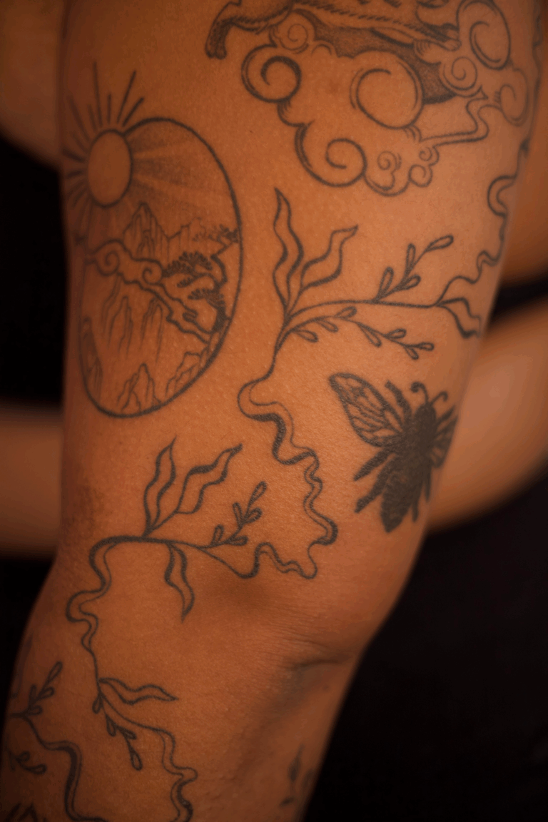 Healed Swirly Vines Knee Tattoo